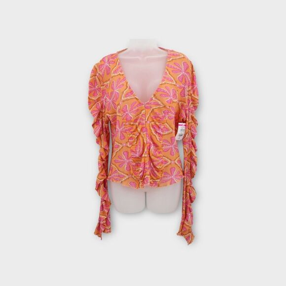 Free People Through The Meadow Top Grapefruit Seltzer Size Large Orange V-Neck - Picture 5 of 10
